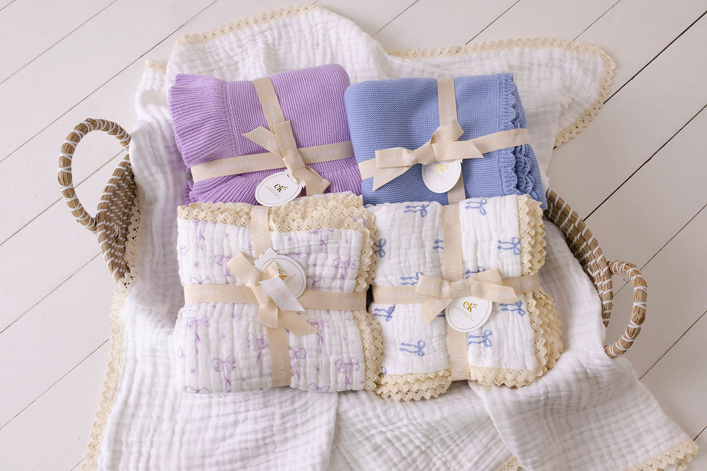 Muslin Blanket with Lace Trim - Lilac Bows