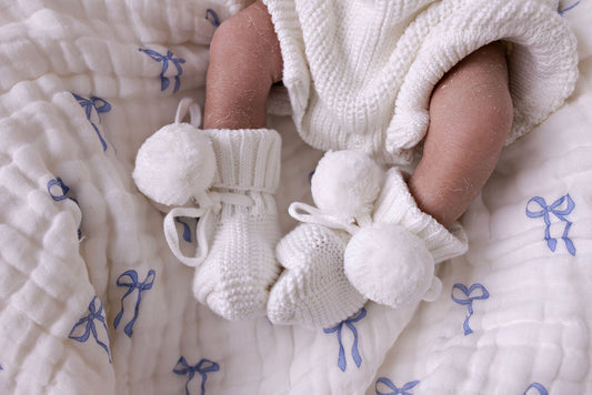 Knitted Booties White Poms