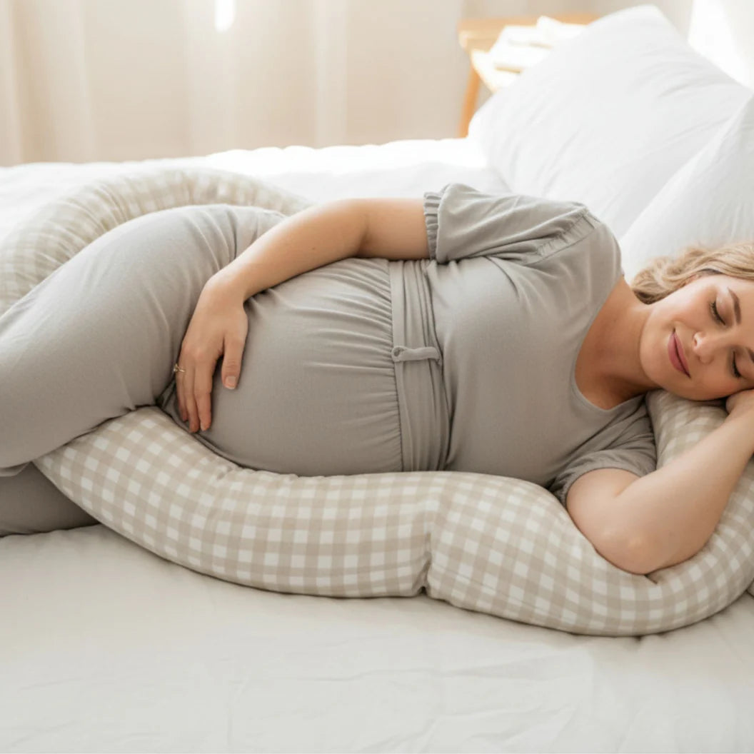 The Ultimate Body Pillow - Pregnancy & Breastfeeding Support Pillow - Gingham Beige