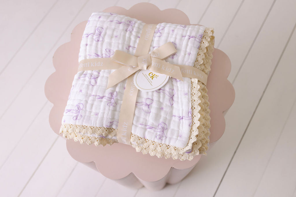 Muslin Blanket with Lace Trim - Lilac Bows