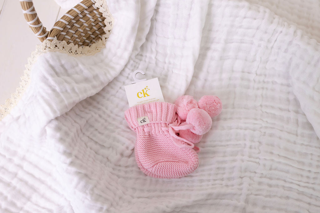 Knitted Booties Pink Poms