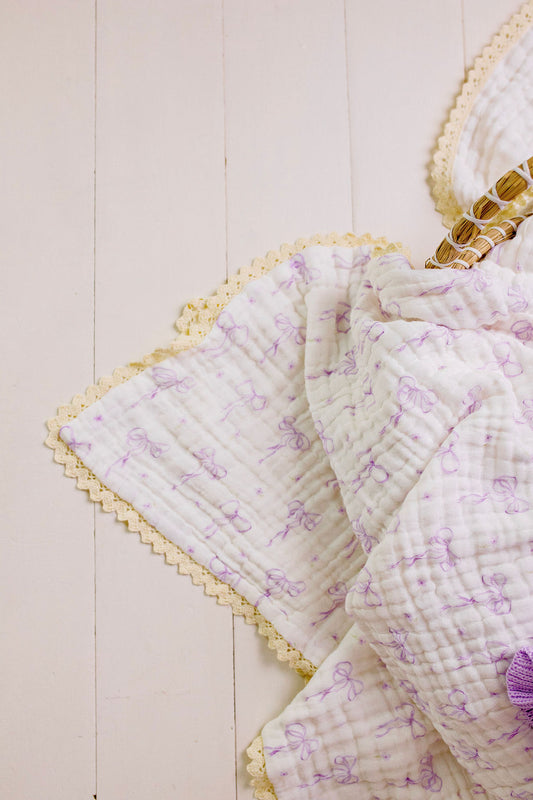 Muslin Blanket with Lace Trim - Lilac Bows