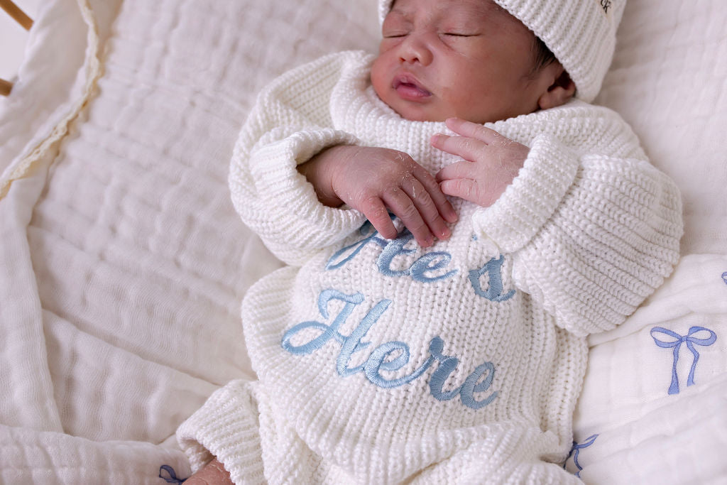 "He's Here" Chunky Knit Romper Snow