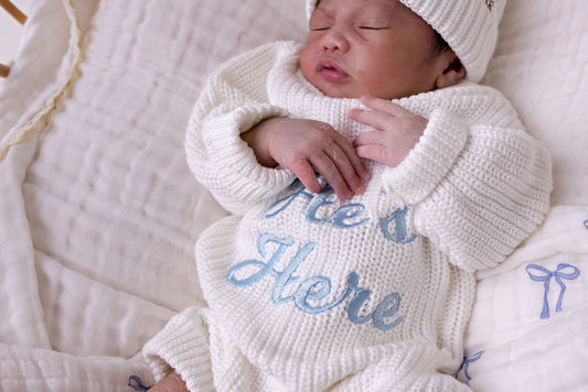 "He's Here" Chunky Knit Romper Snow
