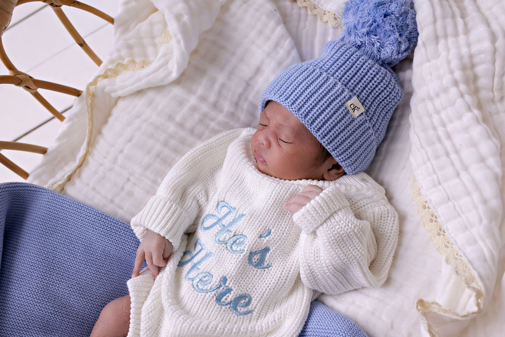 "He's Here" Chunky Knit Romper Snow