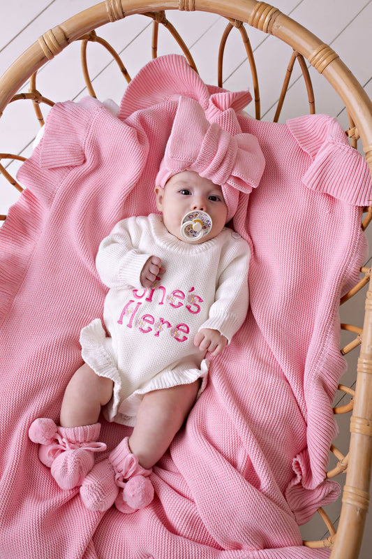 "She's Here" Floral Knit Romper Snow