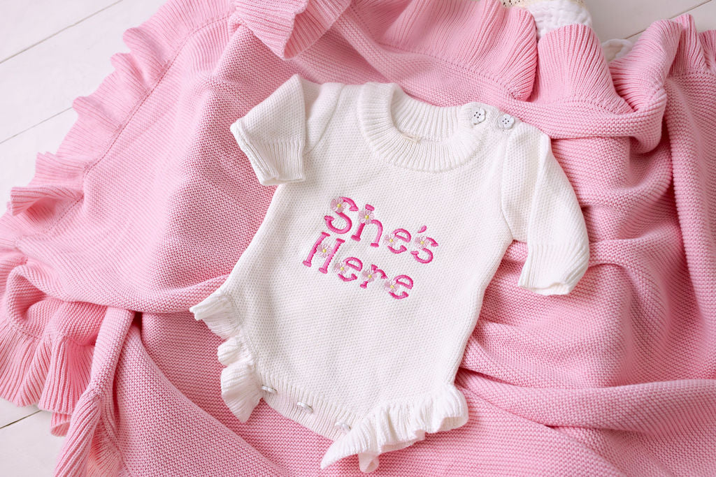 "She's Here" Floral Knit Romper Snow