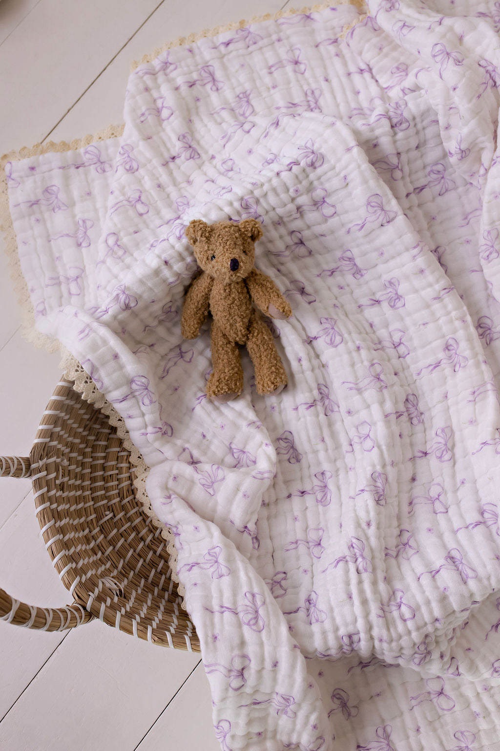 Muslin Blanket with Lace Trim - Lilac Bows