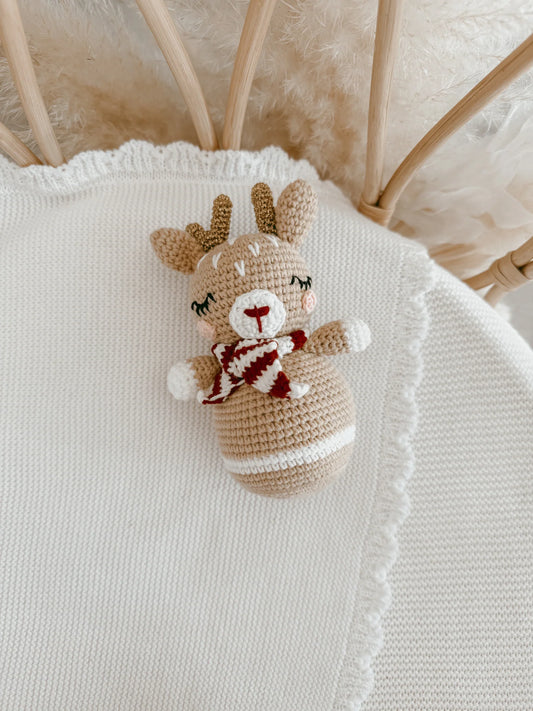 Christmas Reindeer Crochet Rattle - Burgundy Scarf